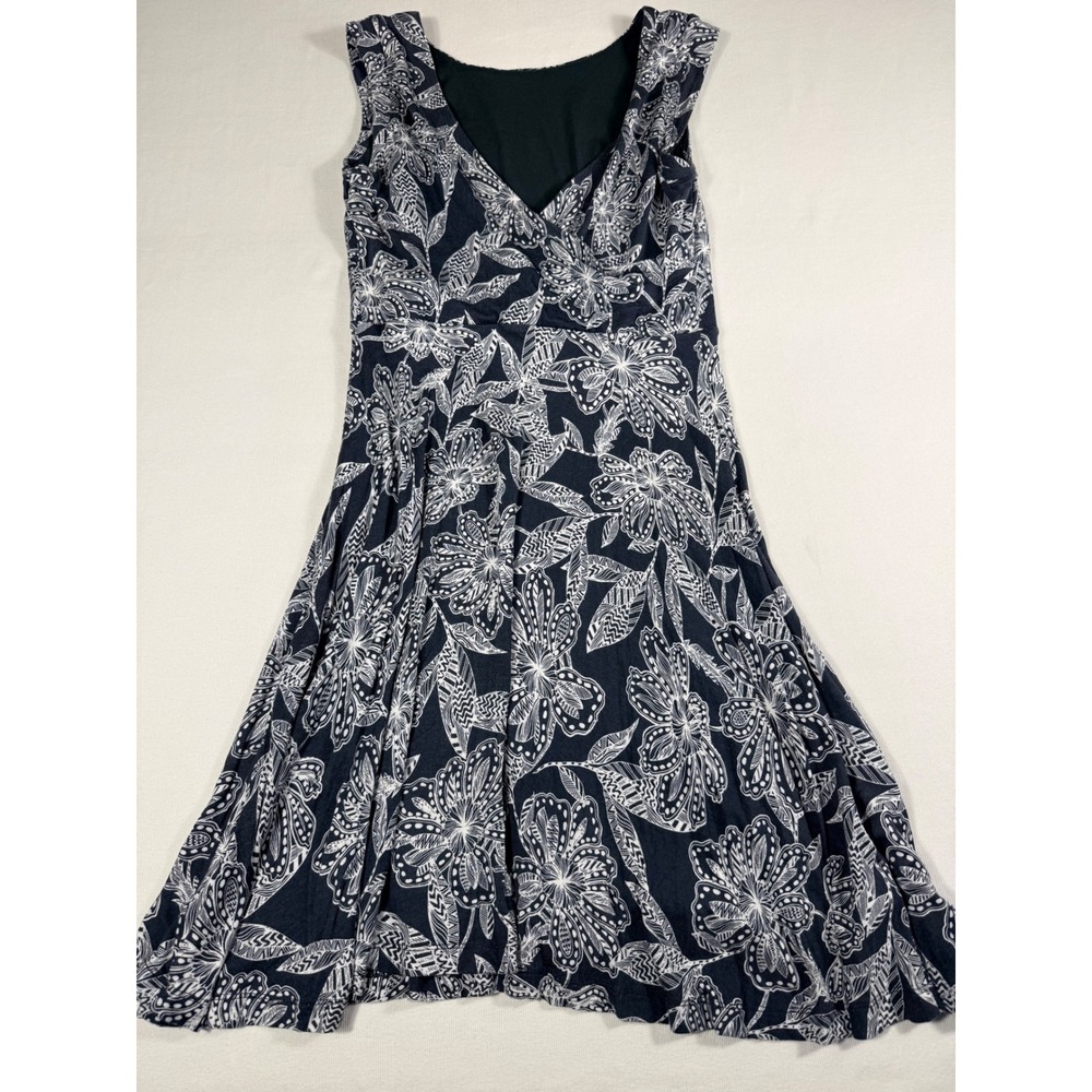 LOFT Fit Flare Dress XSP Grey Blue White Floral Surplice V-Neck Sleeveless Knit